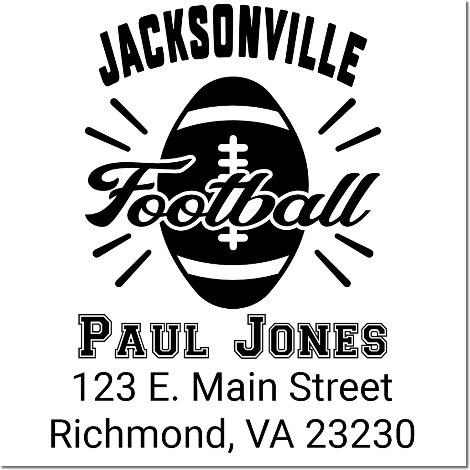 Custom Jacksonville football rubber stamp with Paul Jones name and Richmond, VA 23230 address
