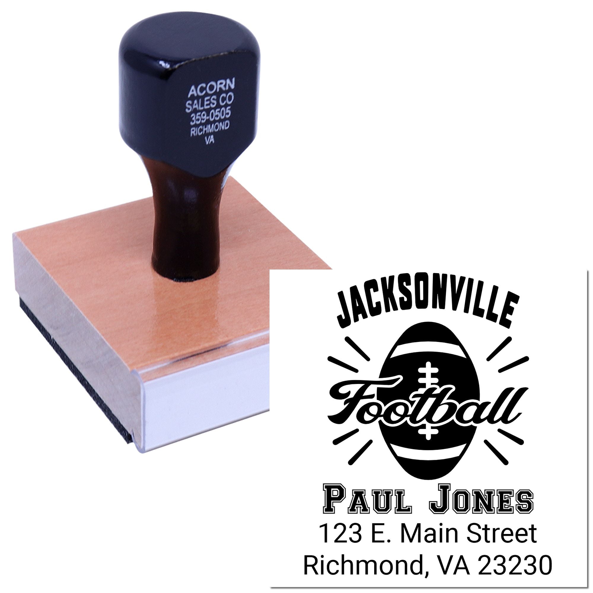Custom football rubber stamp with personalized name, address, and logo for Jacksonville Football branding and mailing.