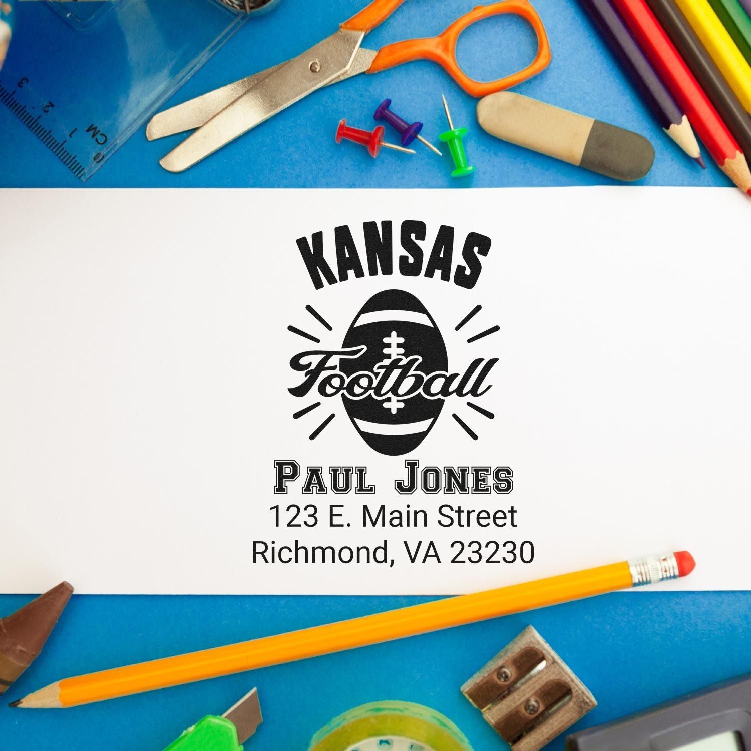 Personalized Kansas football address rubber stamp for Paul Jones, Richmond, VA, with school supplies.