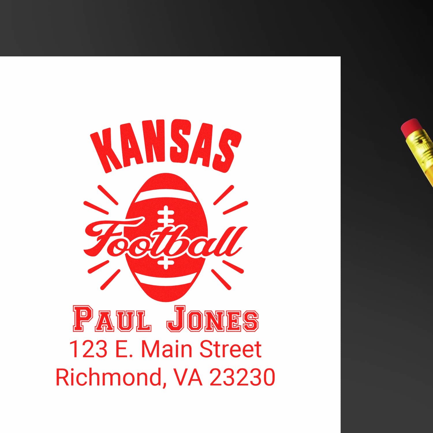 Custom Kansas Football rubber stamp with Paul Jones name and Richmond, VA address for personalized sports stationery.