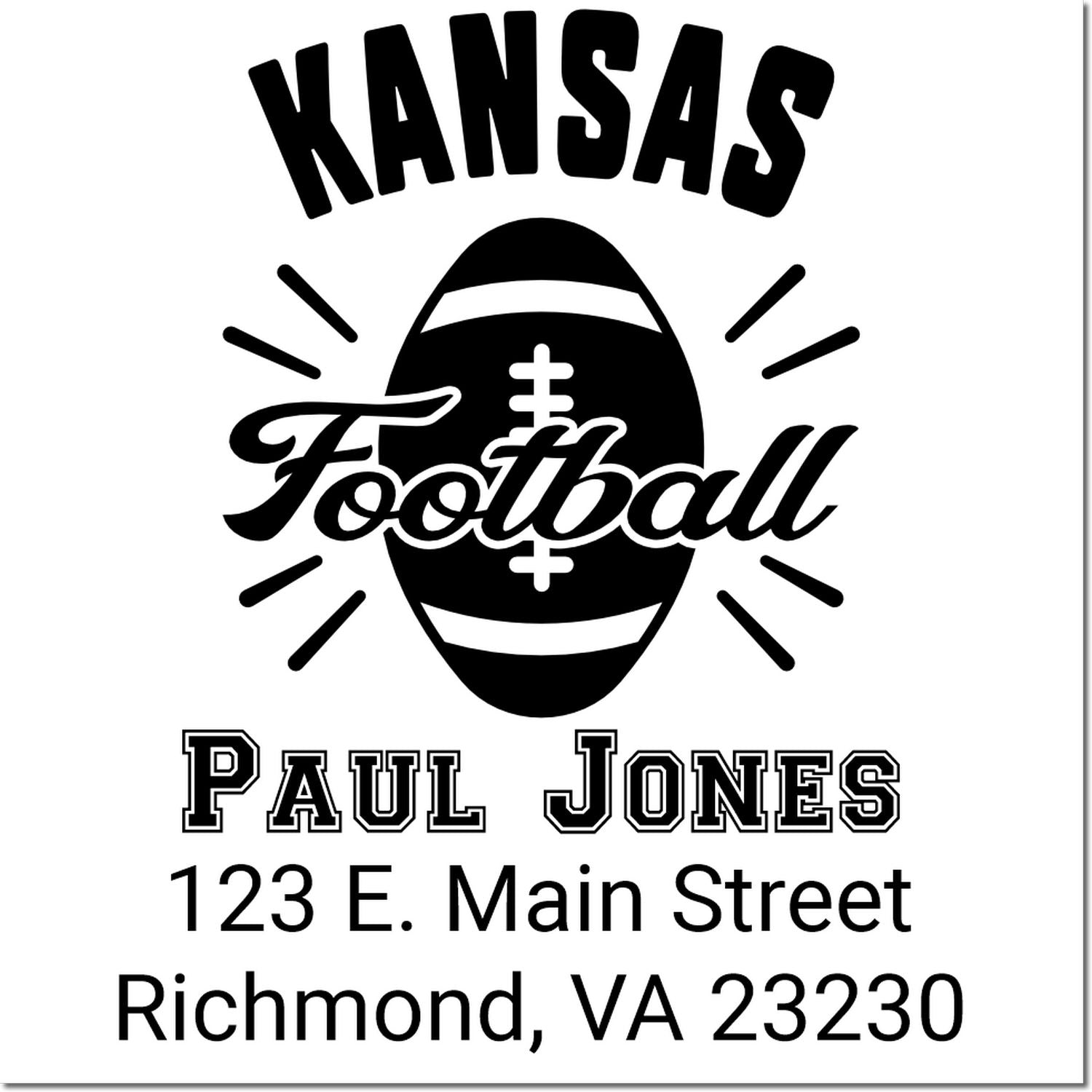 Custom Kansas Football rubber stamp for Paul Jones, 123 E. Main Street, Richmond, VA 23230.