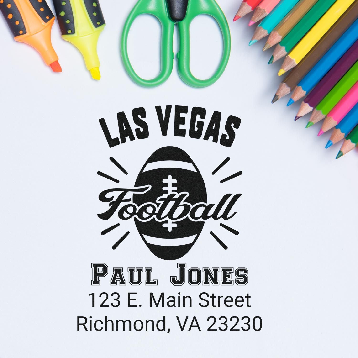 Custom Las Vegas football rubber stamp design with Paul Jones name and address for personalized sports mailings.