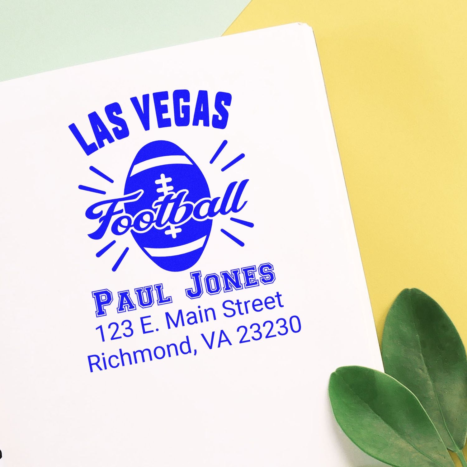 Personalized rubber stamp for Las Vegas Football, featuring Paul Jones name and Richmond, VA address.