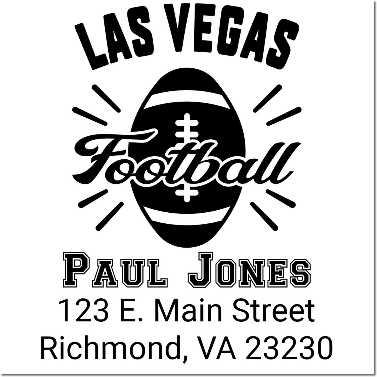 Custom Las Vegas Football return address rubber stamp featuring Paul Jones and Richmond, VA 23230.