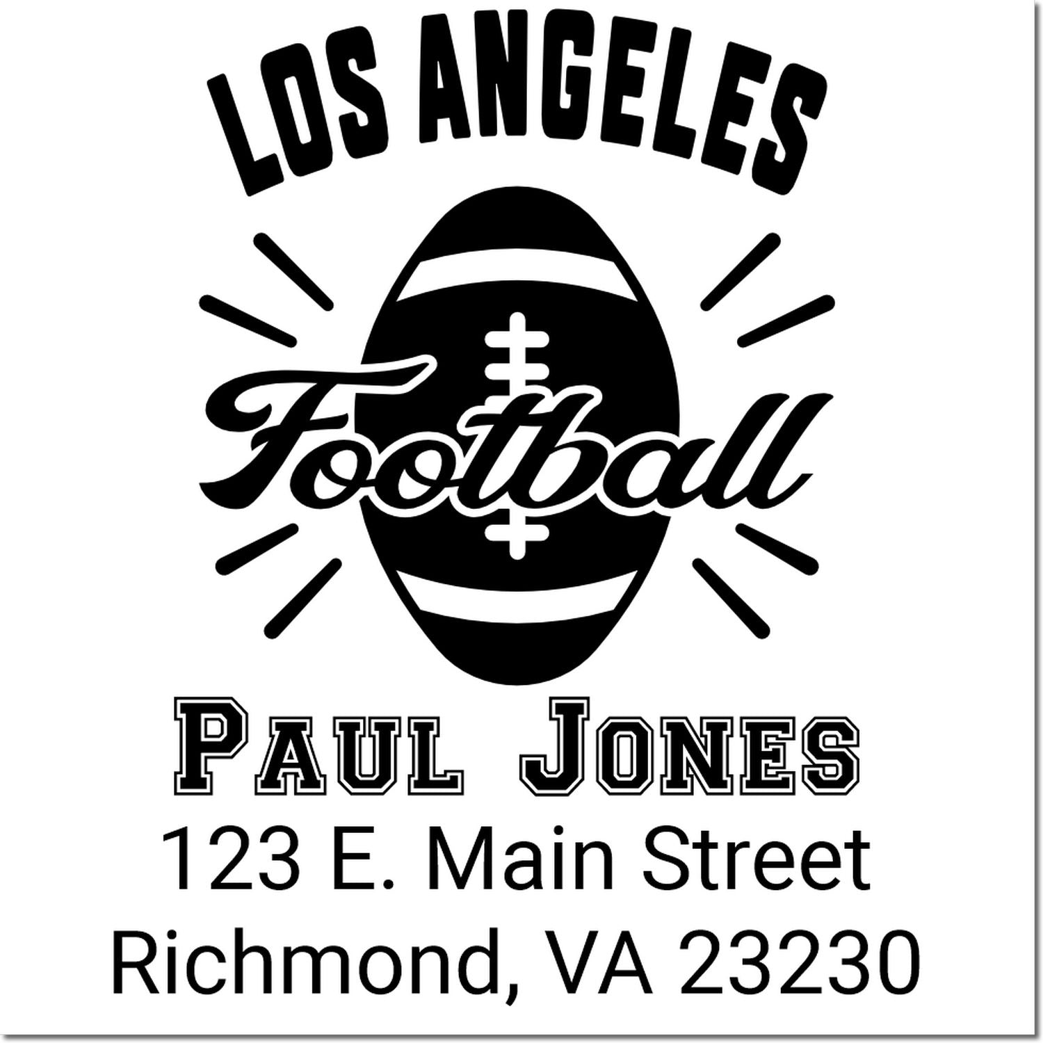 Custom Los Angeles Football rubber stamp design with Paul Jones name and Richmond, VA 23230 address.