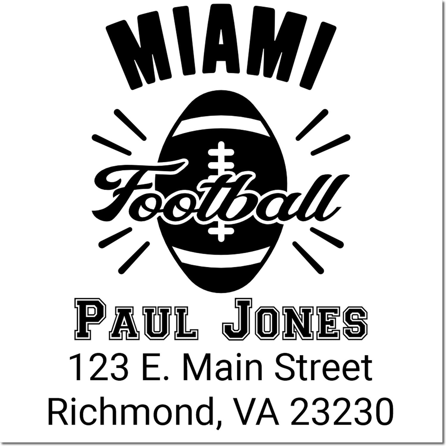 Custom Miami Football rubber stamp for Paul Jones, featuring football logo and Richmond, VA address.