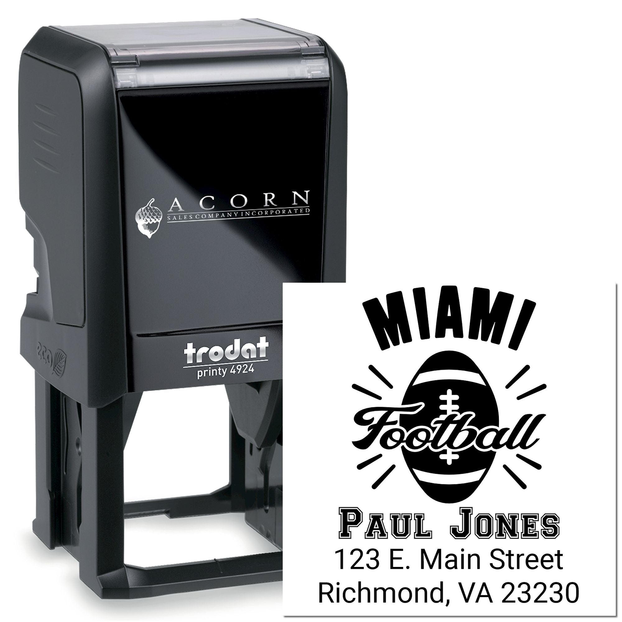 Miami Football custom self-inking rubber stamp with name and address, Trodat Printy 4924, for personalized sports mailings.