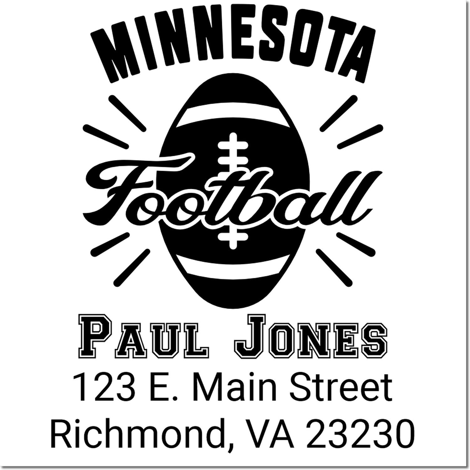 Custom Minnesota Football return address stamp for Paul Jones, 123 E. Main Street, Richmond, VA 23230.
