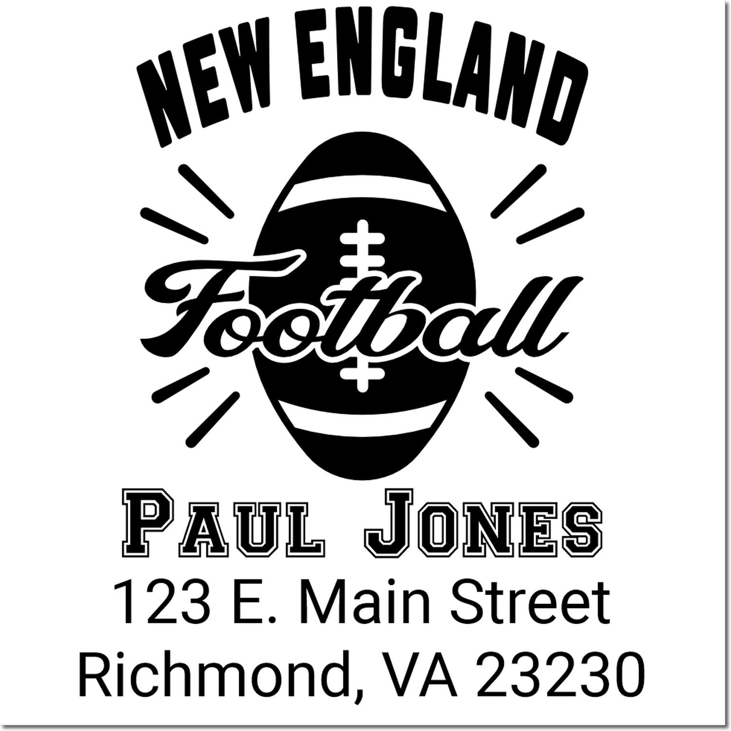 Custom New England Football return address rubber stamp for Paul Jones, 123 E. Main Street, Richmond, VA 23230