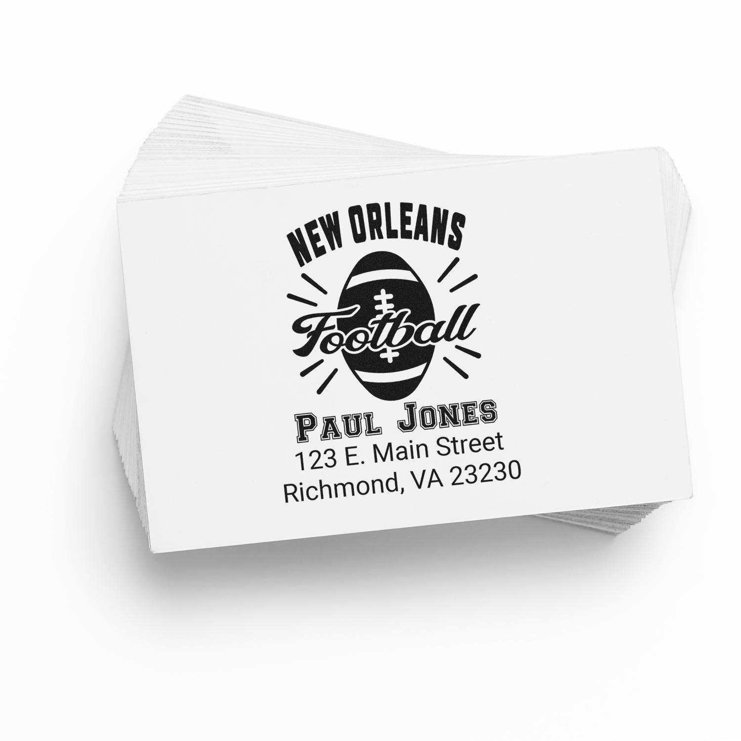 Custom New Orleans football rubber stamp with name and address for personalized stationery and packaging.