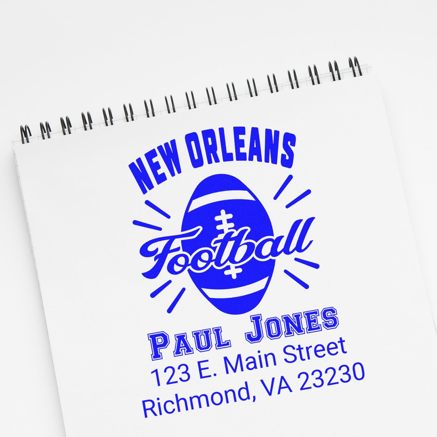 Custom New Orleans football rubber stamp with Paul Jones name and Richmond, VA address for business or fan mail.