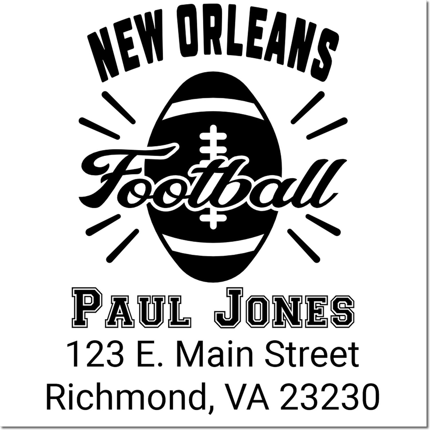 Custom New Orleans football rubber stamp with Paul Jones name and Richmond, VA address