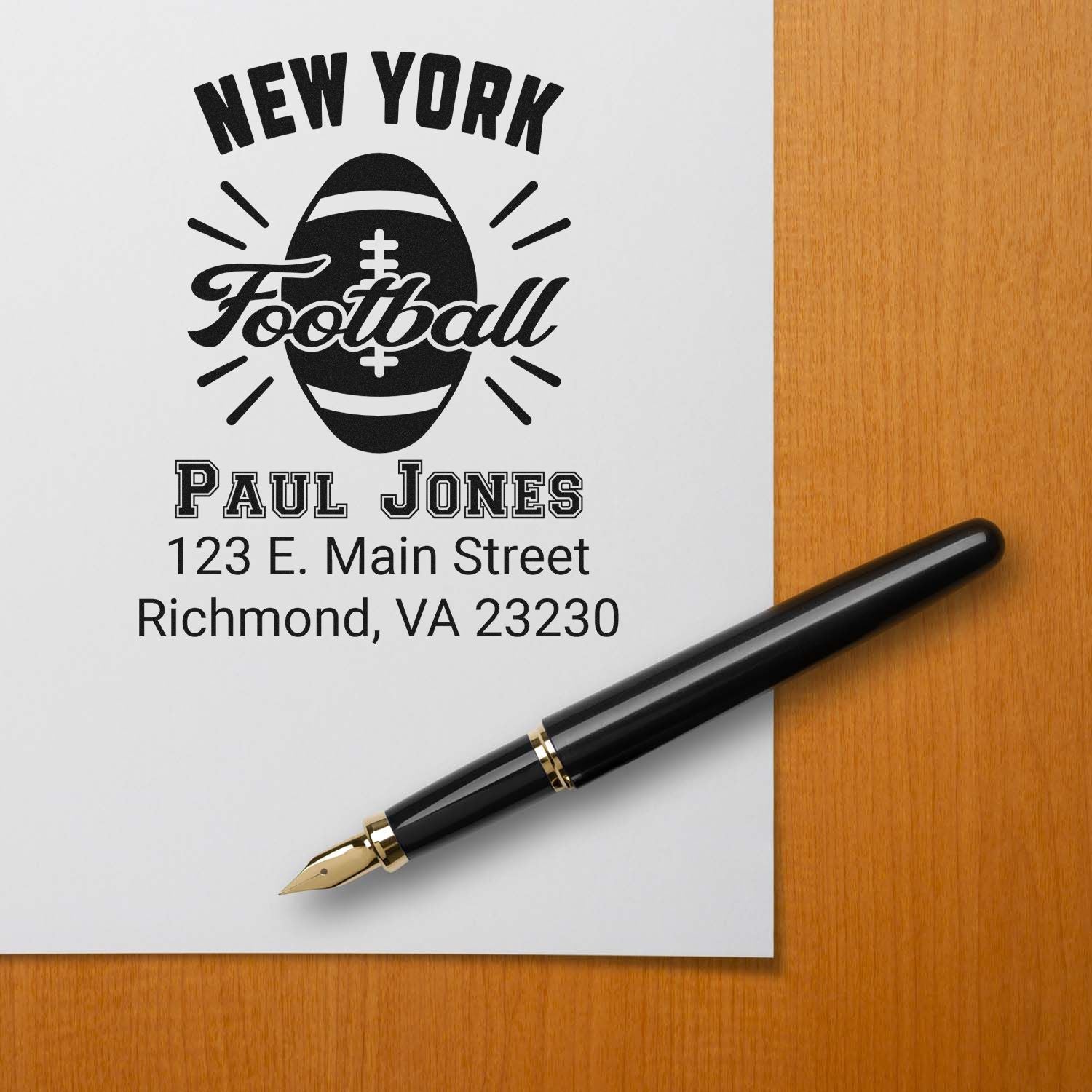 Personalized New York Football return address rubber stamp with name and mailing address for sports fans.