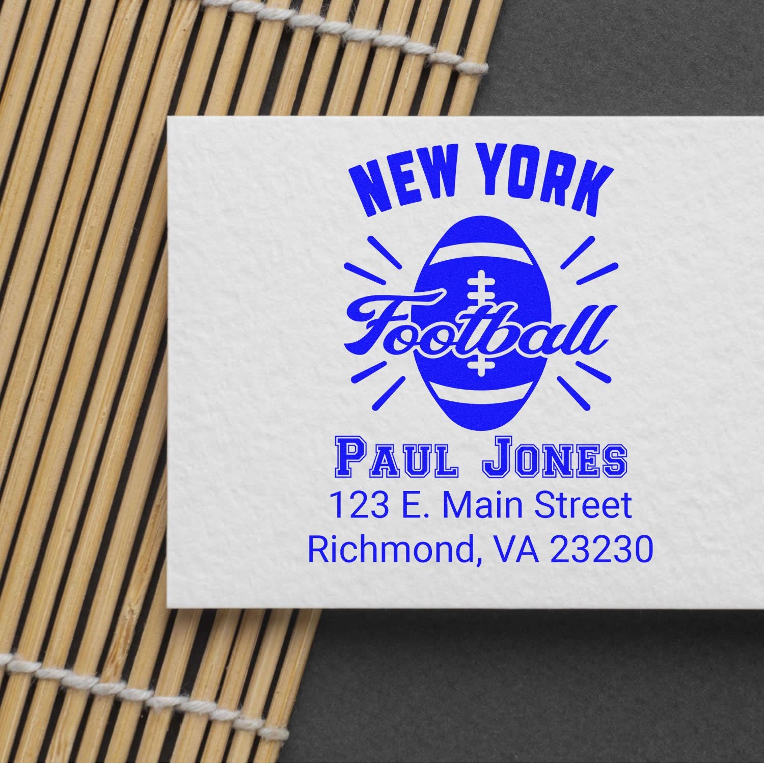 Custom New York Football rubber stamp with Paul Jones name and Richmond, VA address for personalized sports branding.