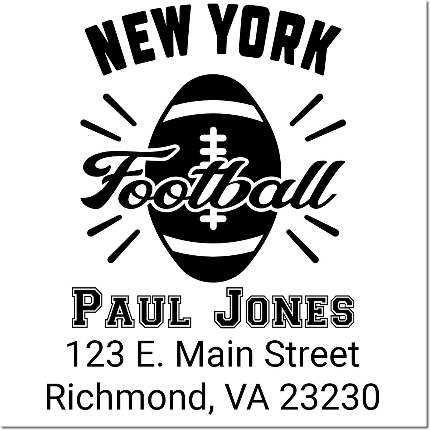 Custom New York Football rubber stamp design with Paul Jones name and Richmond, VA 23230 address.