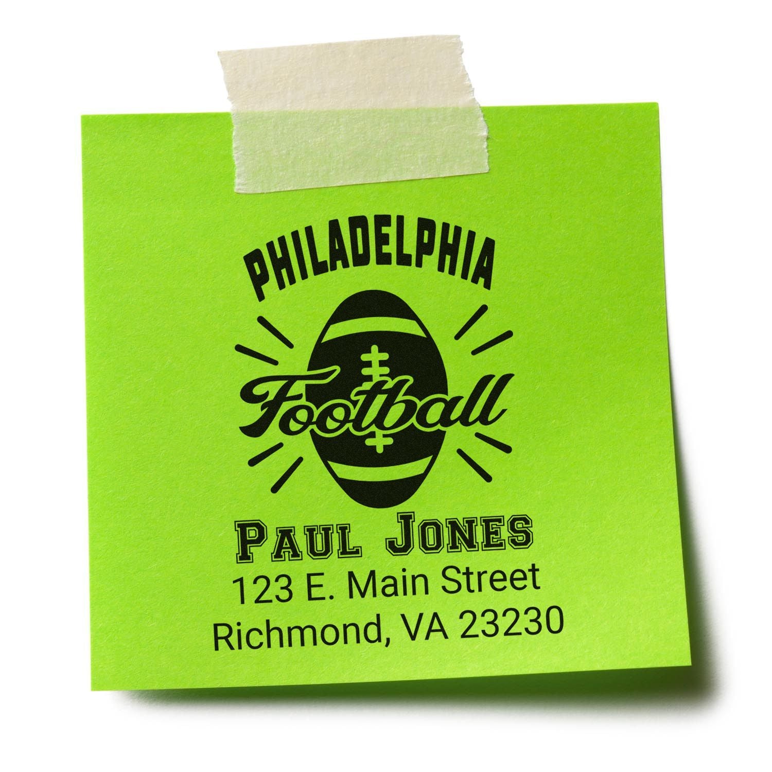 Custom Philadelphia Football rubber stamp with Paul Jones, 123 E. Main St., Richmond, VA on a neon green note.