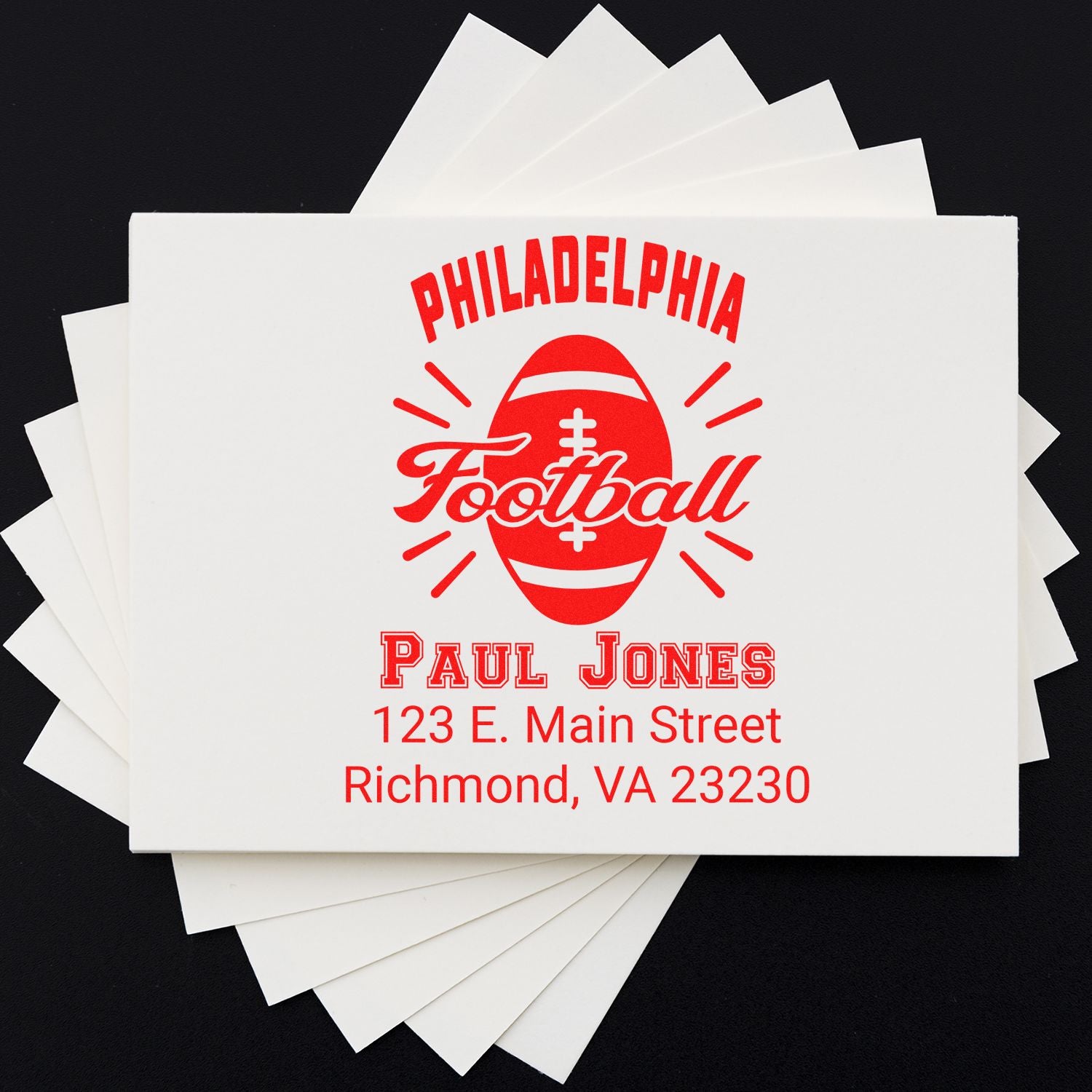 Custom Philadelphia football rubber stamp with name and address for Paul Jones, Richmond, VA