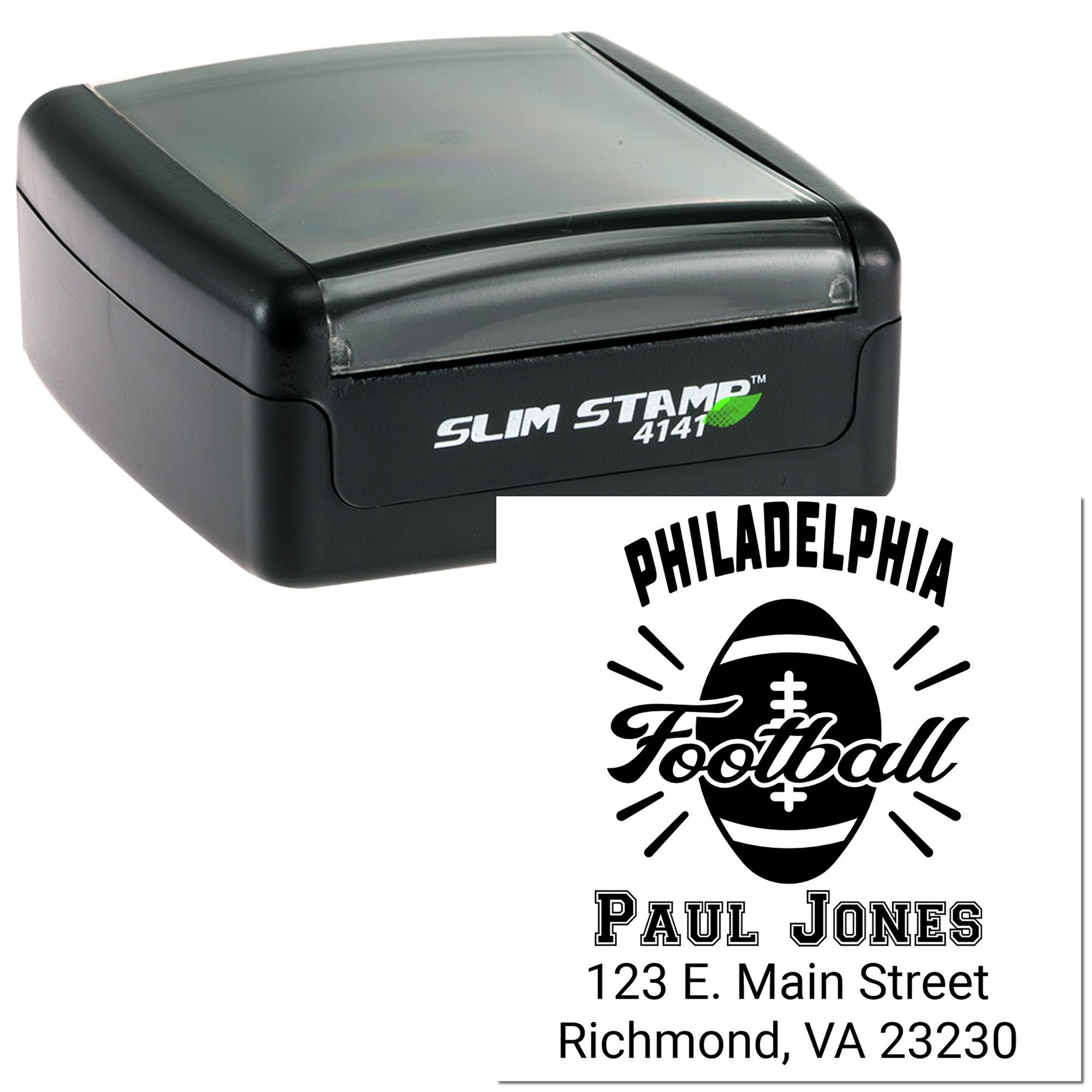 Slim Stamp 4141 self-inking rubber stamp with custom Philadelphia football address design for Paul Jones, Richmond, VA.