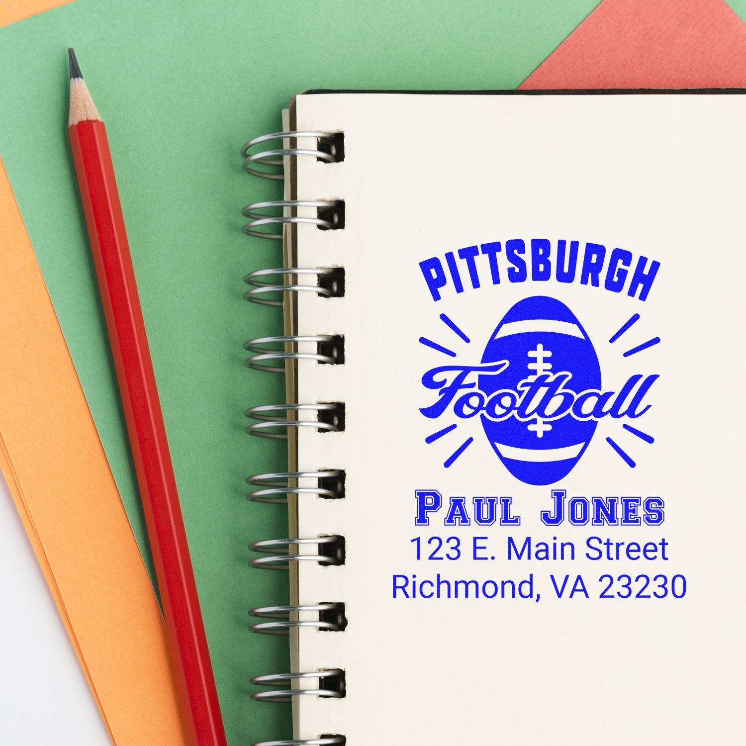 Custom Pittsburgh football rubber stamp with name and address: Paul Jones, 123 E. Main Street, Richmond, VA 23230.