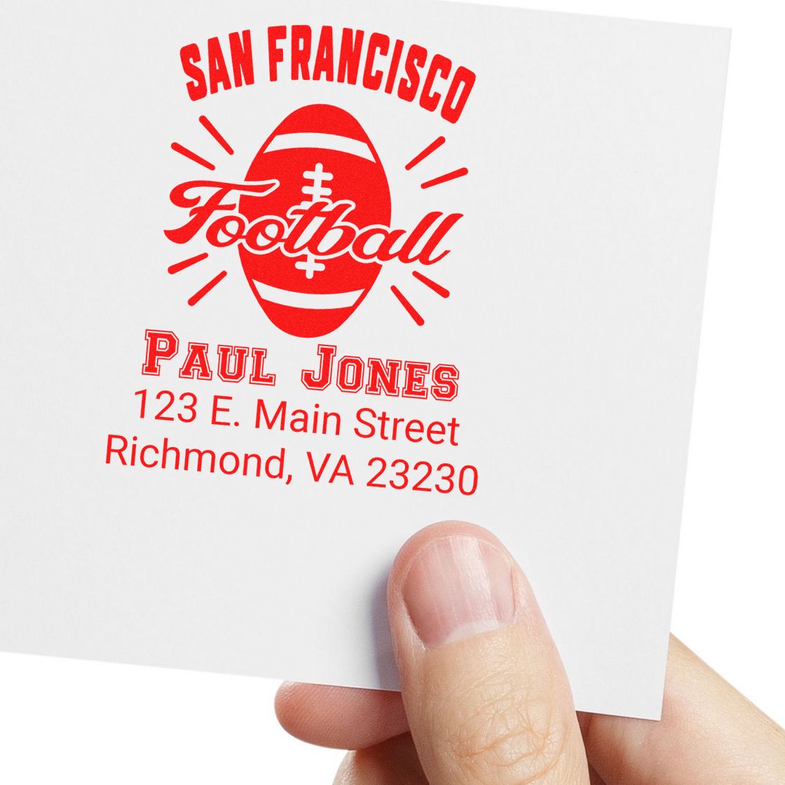 Custom football return address rubber stamp for San Francisco, featuring Paul Jones and Richmond, VA address.