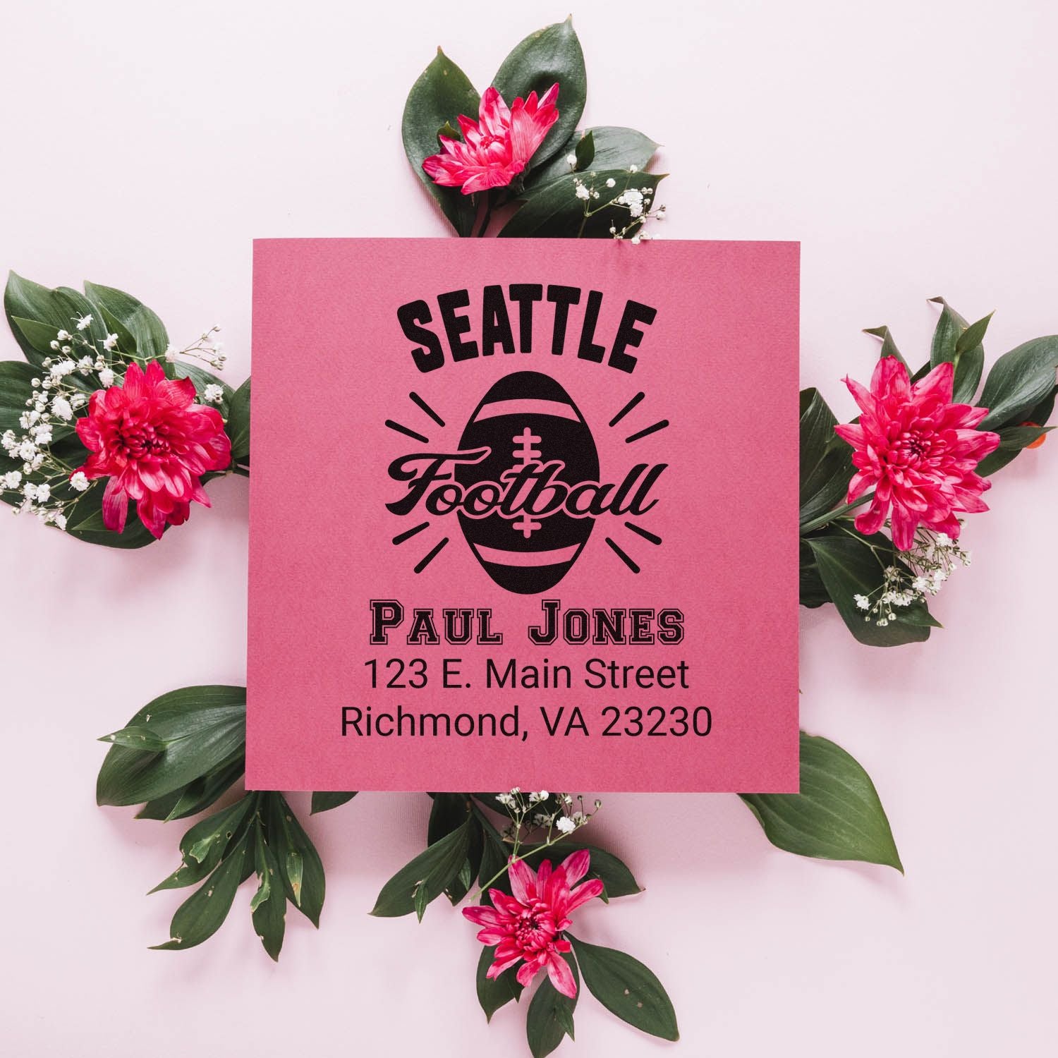 Seattle Football custom return address rubber stamp design with name, street address, and floral styling.