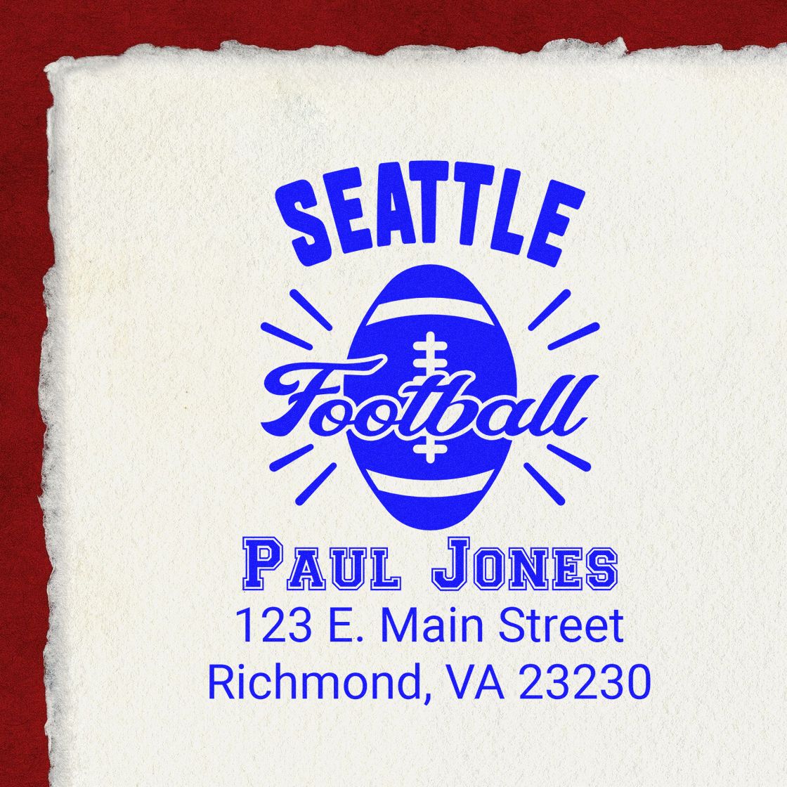 Custom Seattle Football rubber stamp with Paul Jones name and Richmond, VA return address for mailing and branding.