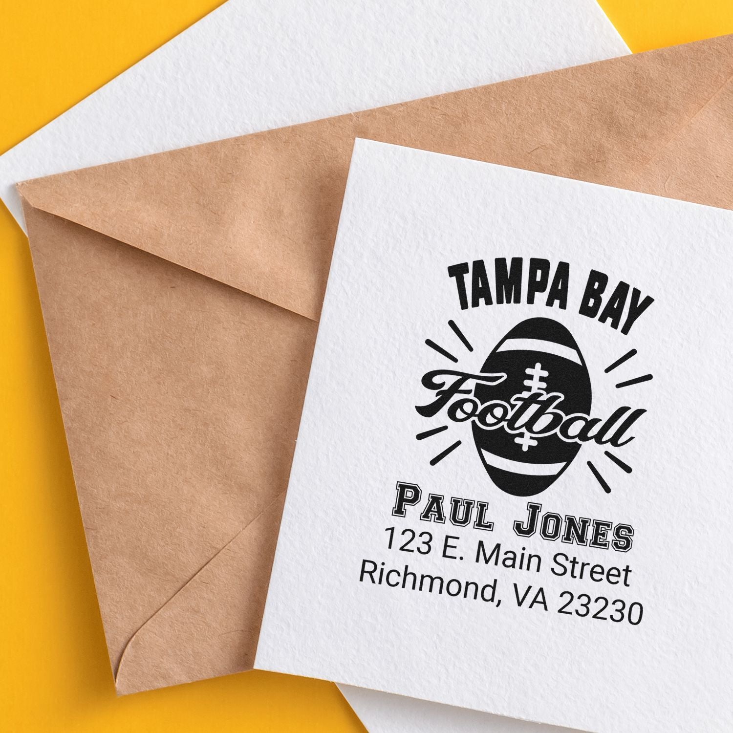 Custom Tampa Bay Football return address rubber stamp on envelope for Paul Jones, Richmond, VA.