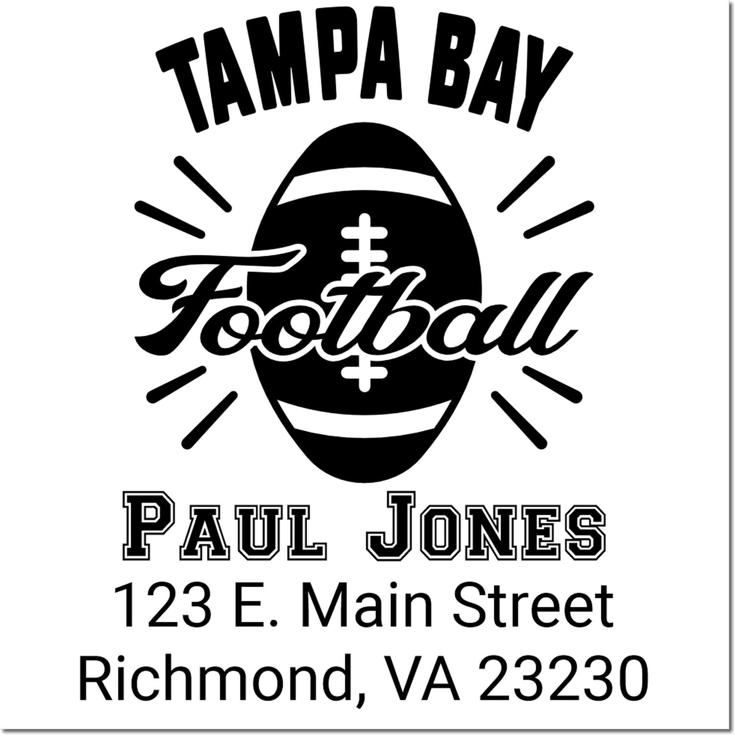 Custom Tampa Bay Football return address rubber stamp for Paul Jones, 123 E. Main Street, Richmond, VA 23230.