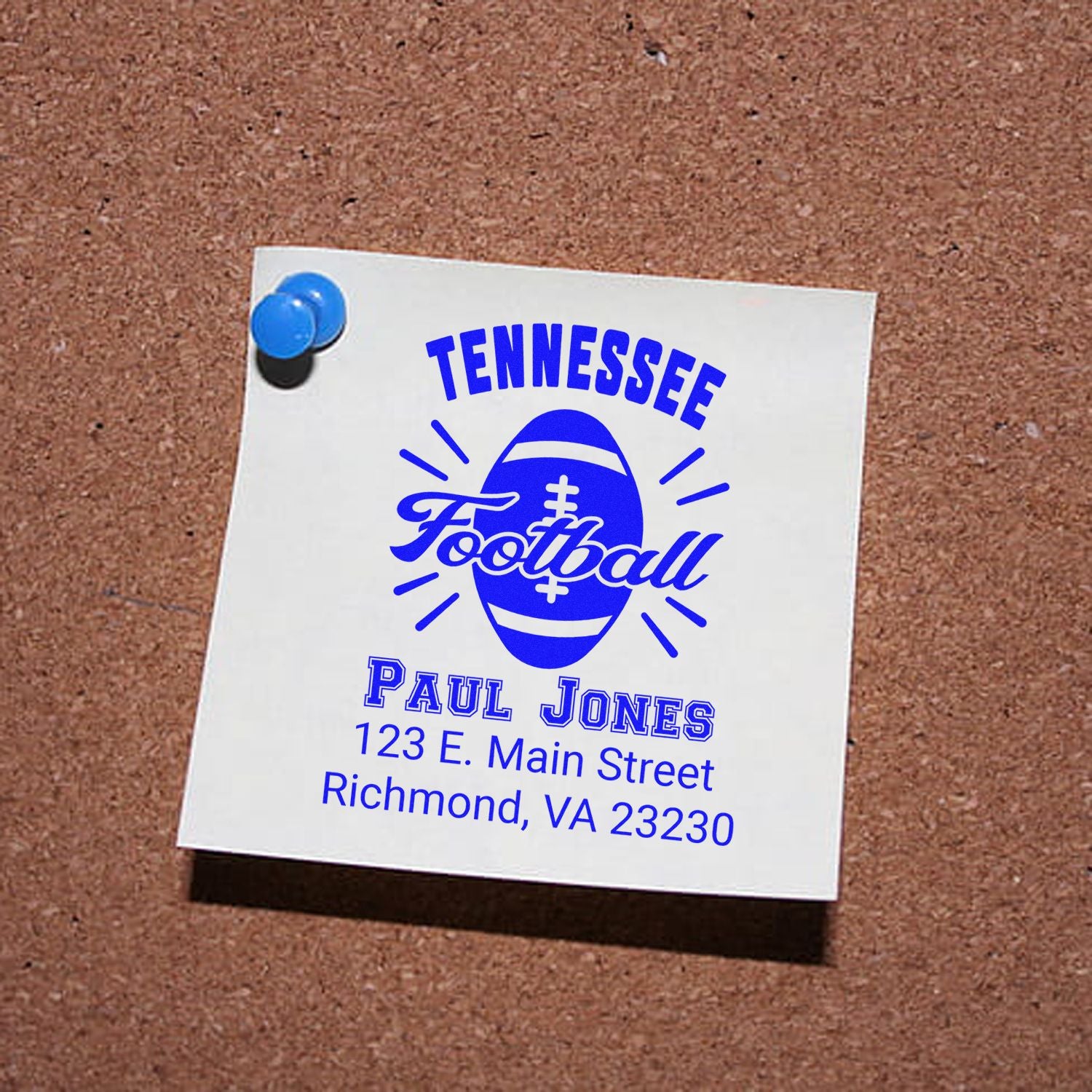 Personalized Tennessee Football rubber stamp with name and address, featuring a blue football design.