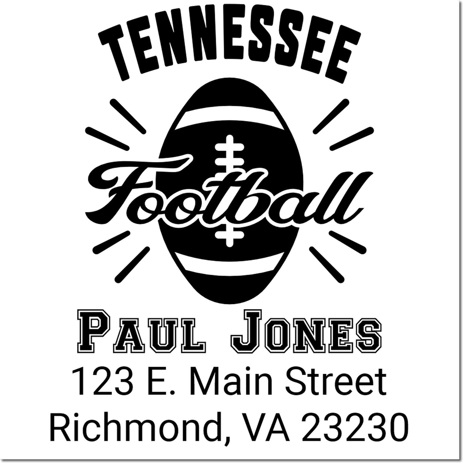 Custom Tennessee football address stamp for Paul Jones, 123 E. Main Street, Richmond, VA 23230.