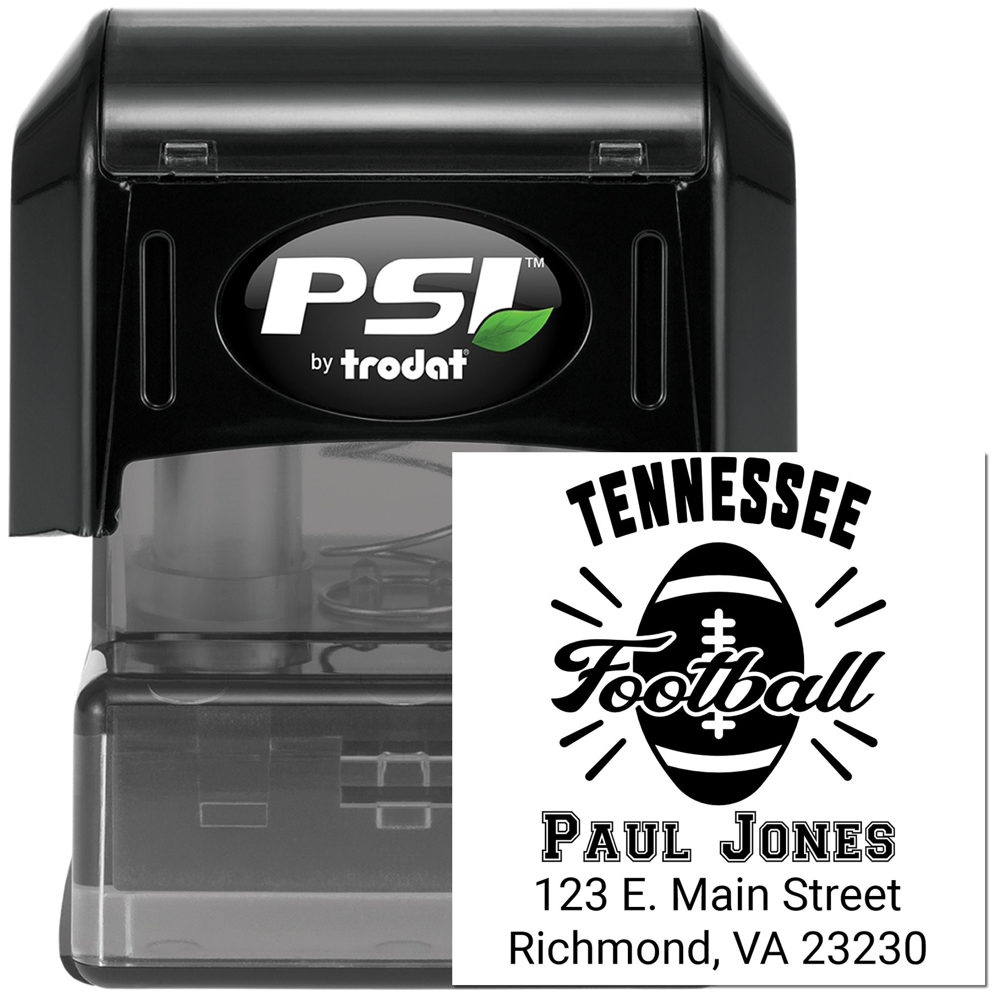 Custom self-inking rubber stamp by PSI Trodat with Tennessee Football design and personalized name and address imprint.