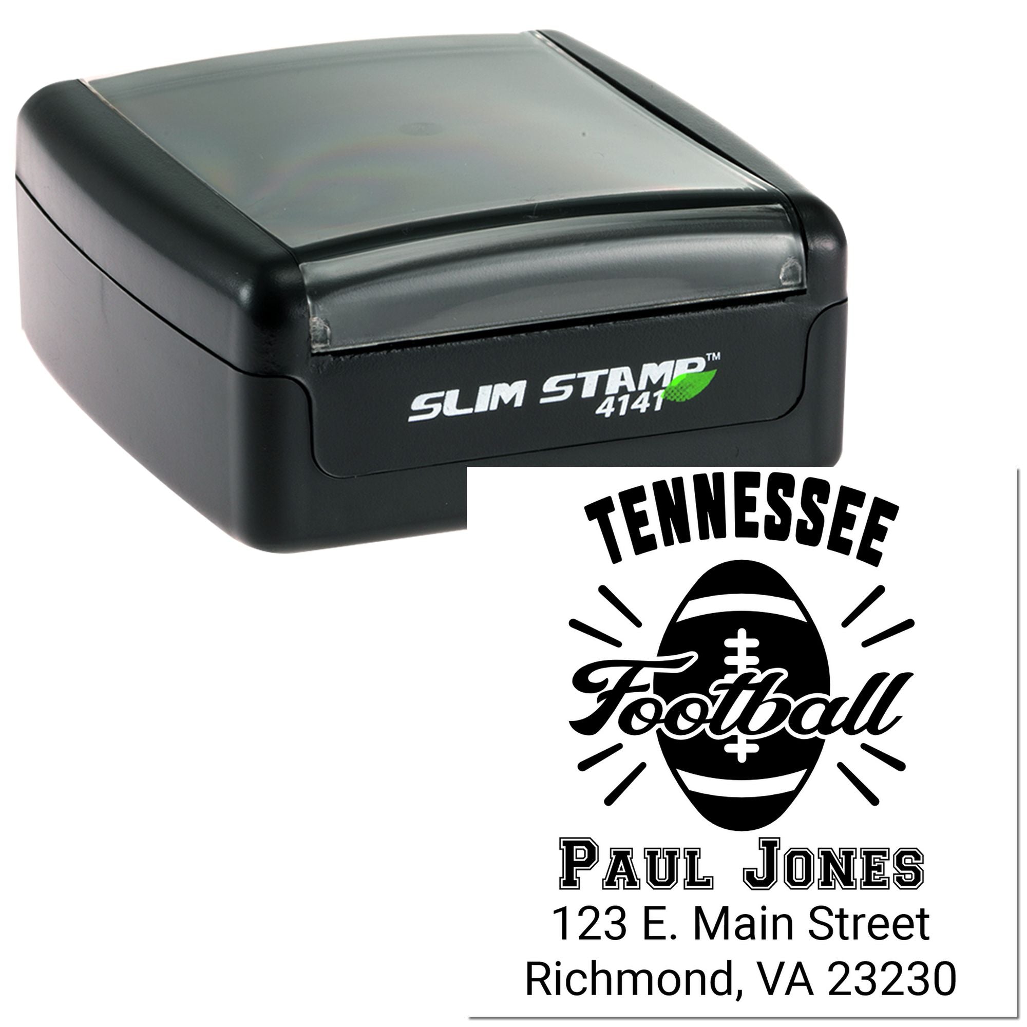 Custom Slim Stamp rubber stamp with Tennessee Football design, Paul Jones name, and Richmond, VA address for personalized mailing.