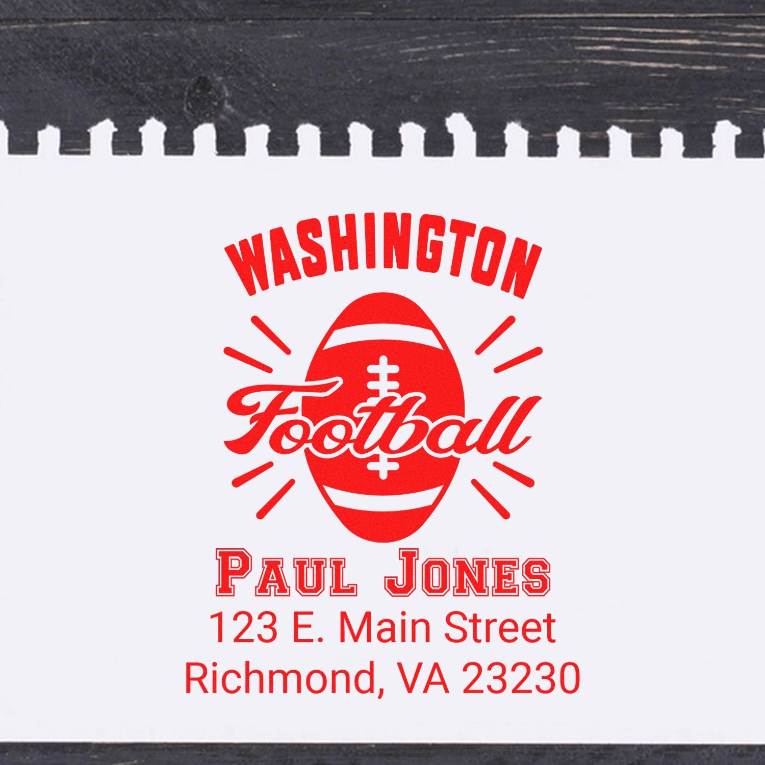 Custom Washington football rubber stamp with Paul Jones name and Richmond, VA 23230 address for business mailings.