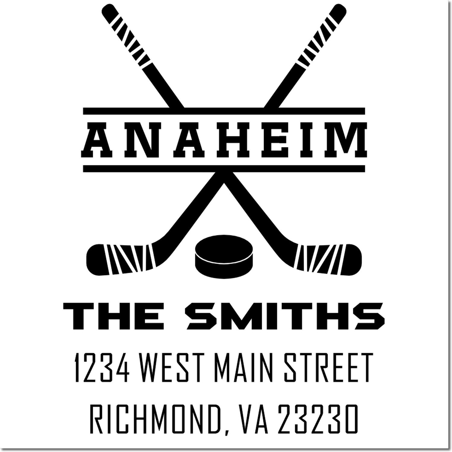 Custom hockey rubber stamp for The Smiths, with Anaheim logo and Richmond, VA 23230 return address.