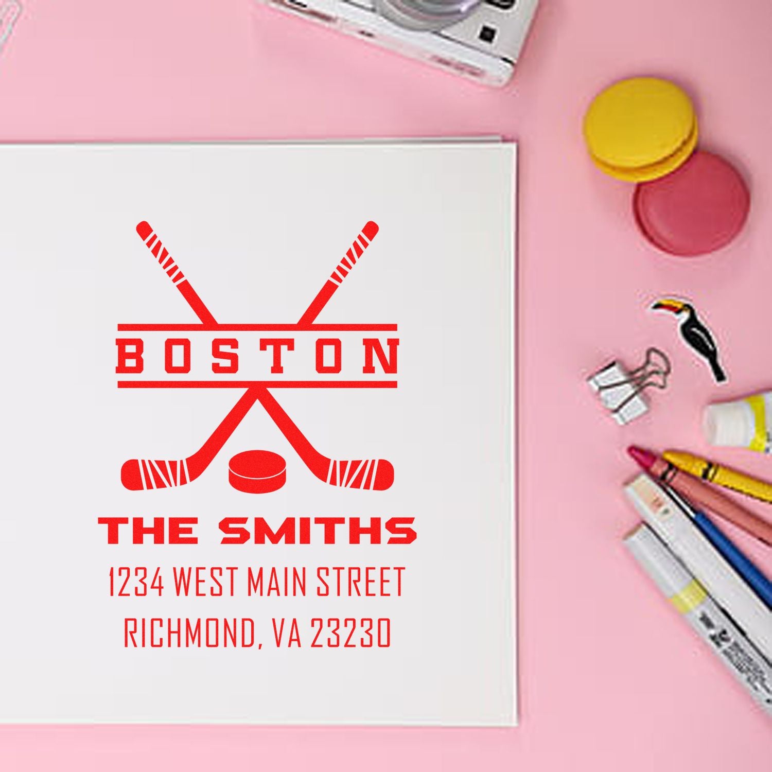 Custom hockey rubber stamp with Boston The Smiths return address for personalized stationery and team branding.