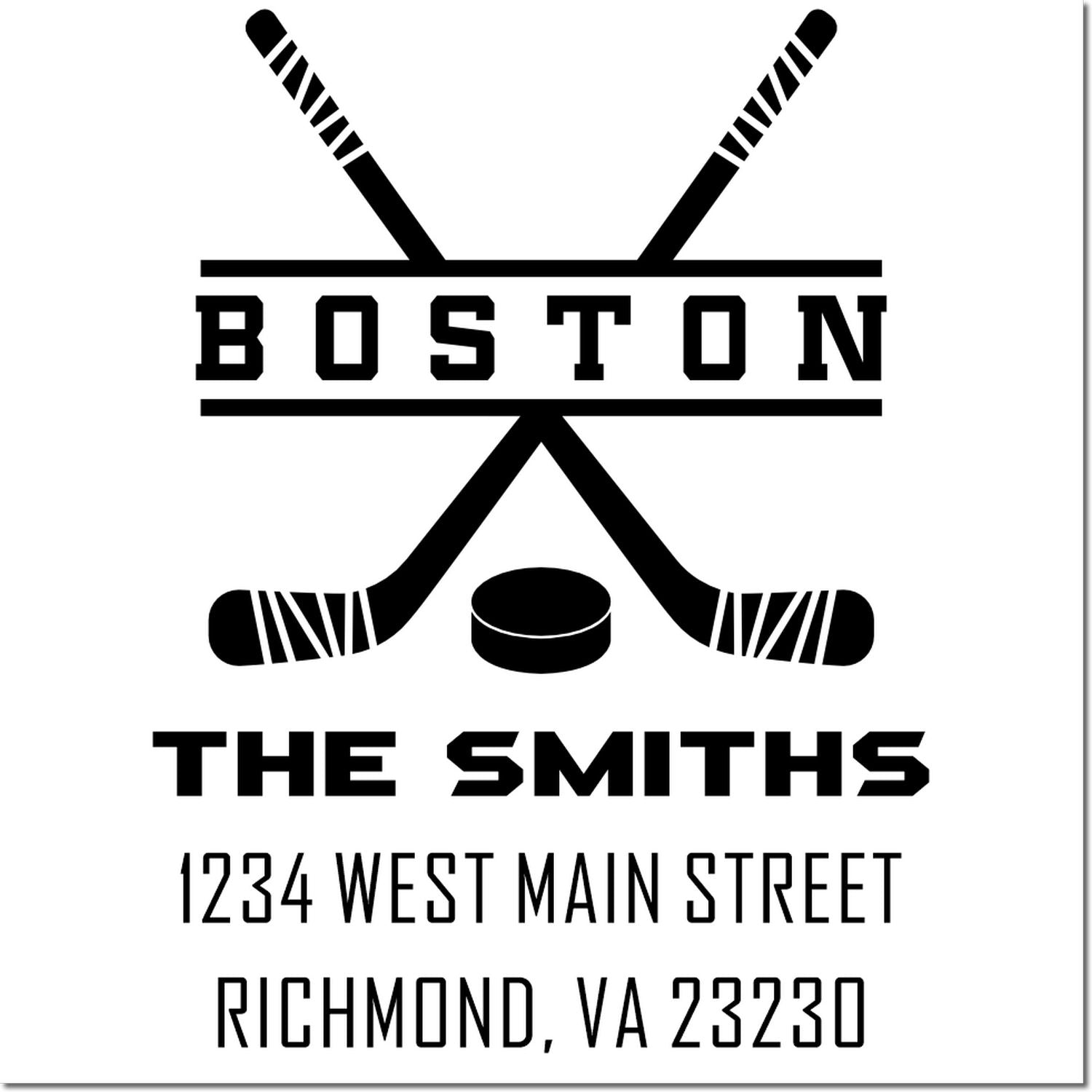 Custom Boston hockey return address rubber stamp for The Smiths, 1234 West Main Street, Richmond, VA 23230.