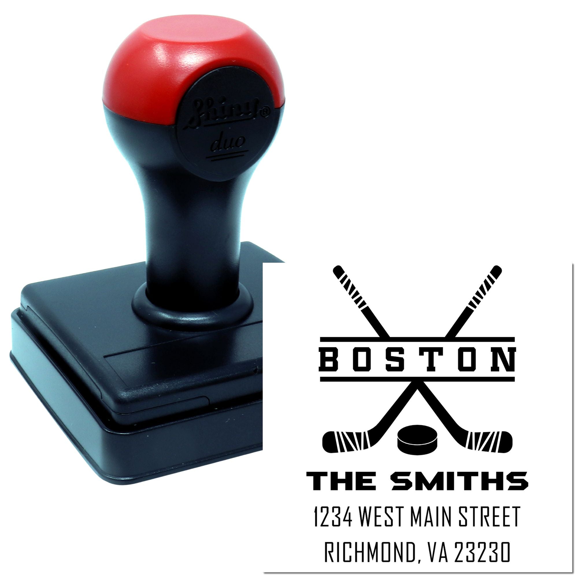 Personalized self-inking rubber stamp with Boston hockey logo, The Smiths name, and Richmond, VA address