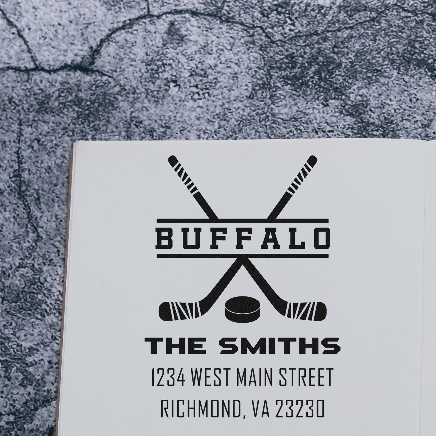 Custom hockey rubber stamp design for Buffalo The Smiths, with name and Richmond, VA address.