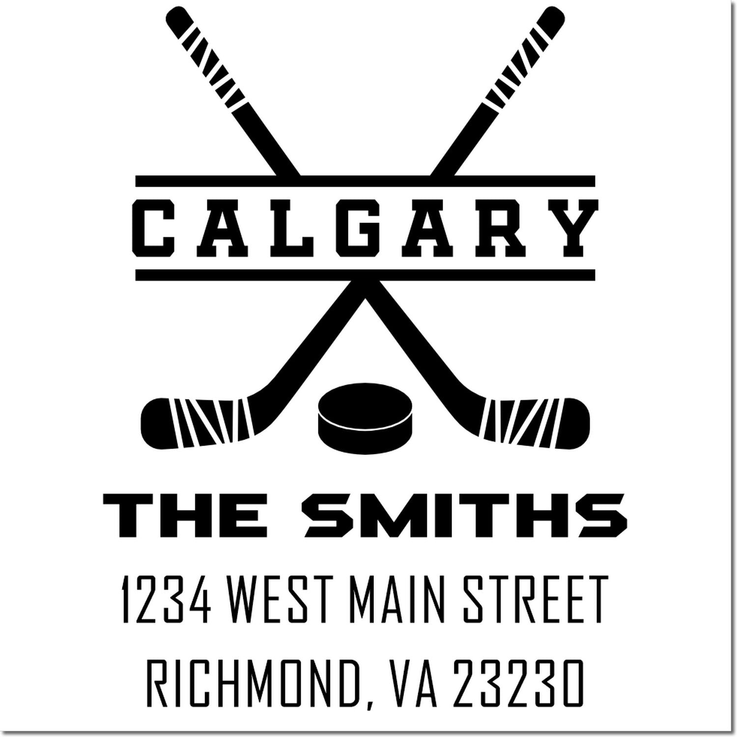 Custom Calgary hockey team return address rubber stamp for The Smiths, 1234 West Main Street, Richmond, VA 23230