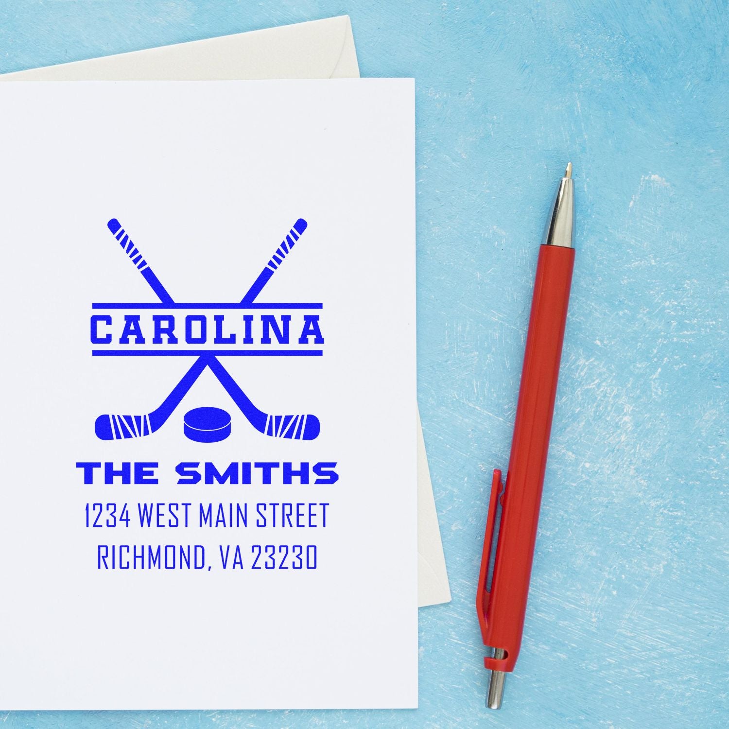 Custom hockey return address rubber stamp for The Smiths, with Carolina logo and Richmond, VA address.