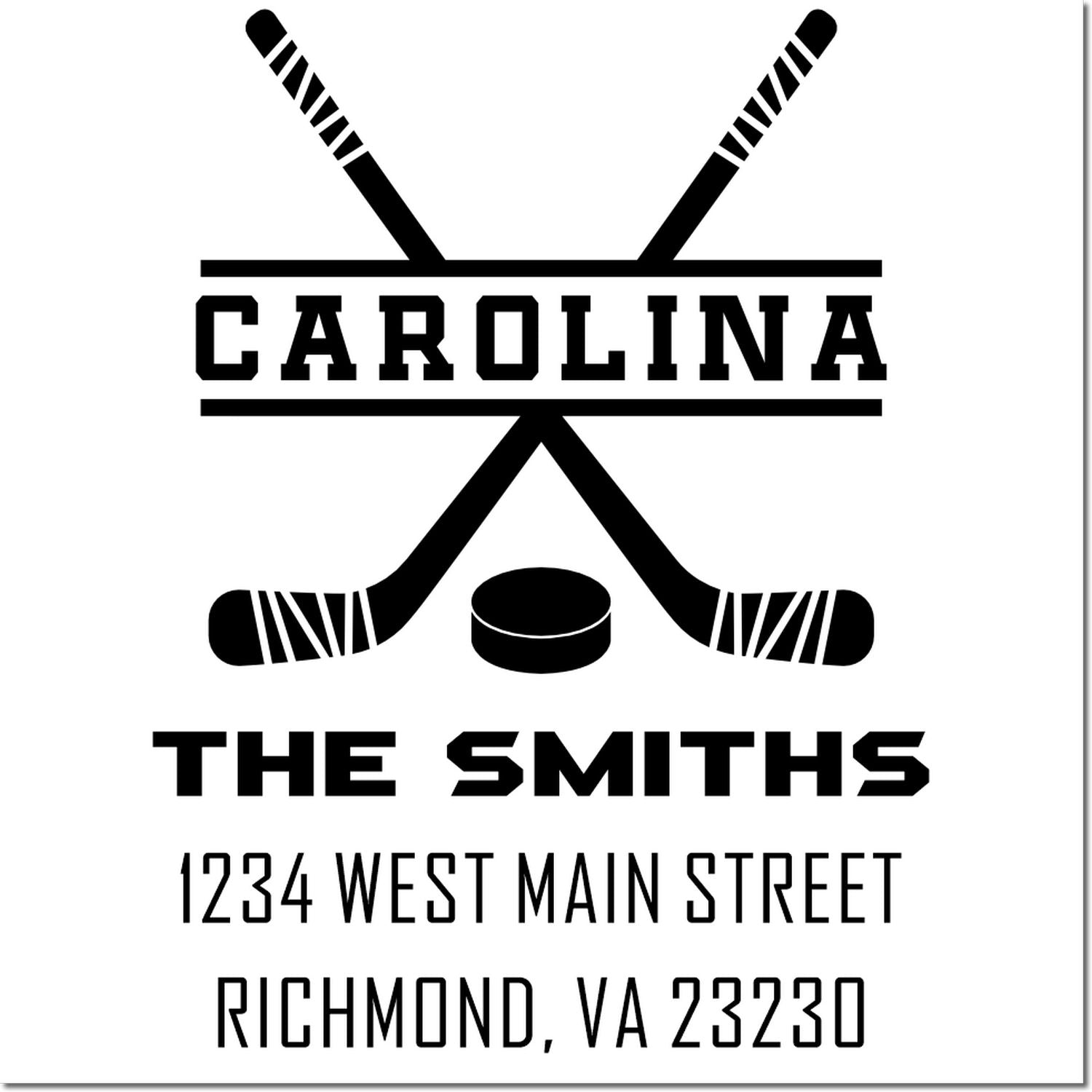 Custom Carolina hockey return address stamp for The Smiths, with crossed sticks, puck, and Richmond, VA 23230.