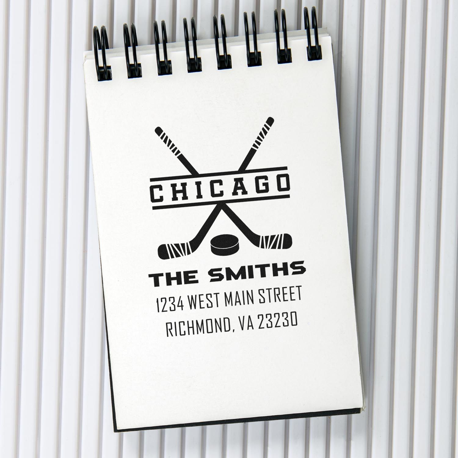 Custom hockey return address stamp mockup for The Smiths, featuring crossed sticks, Chicago, and Richmond, VA.