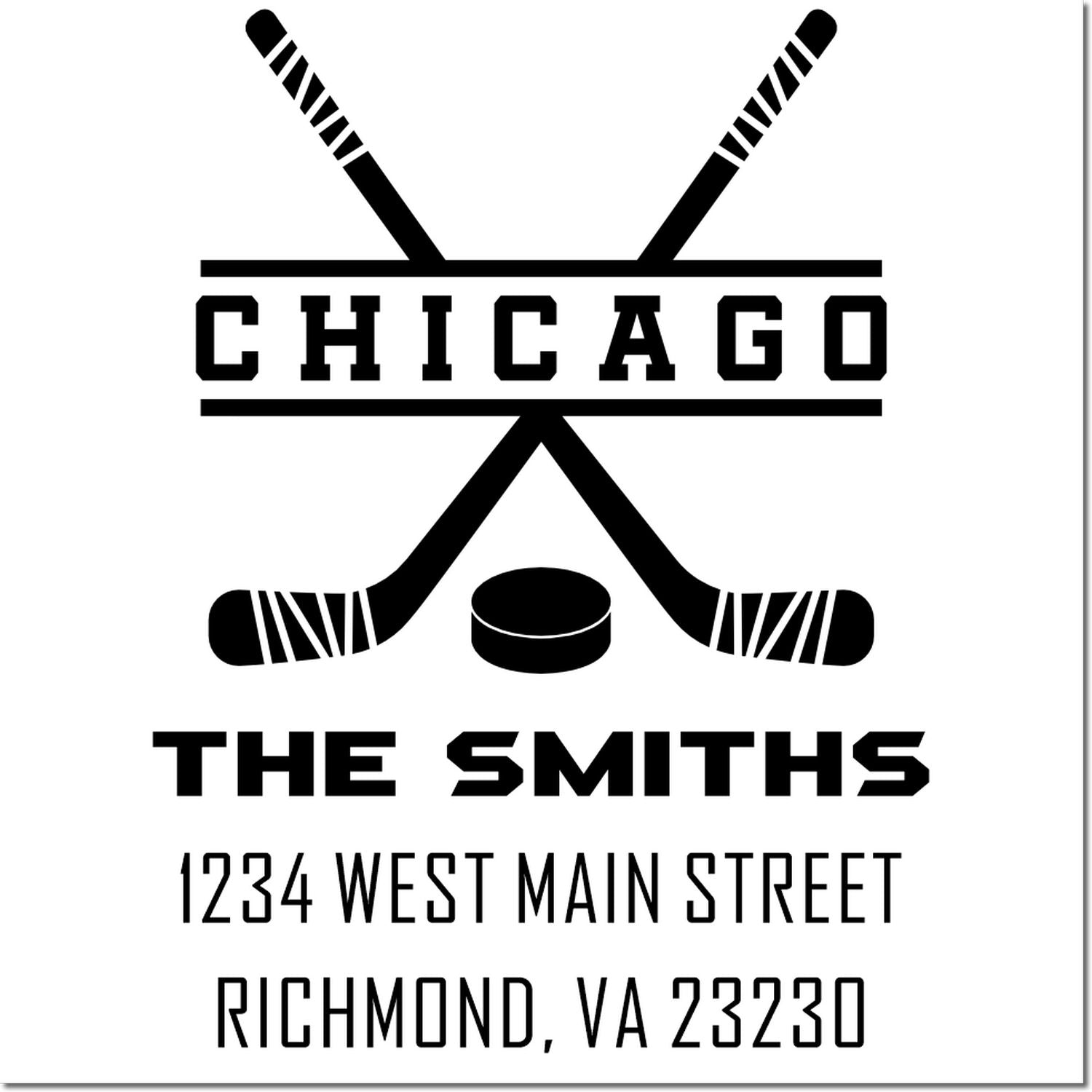 Custom Chicago hockey rubber stamp with The Smiths name and address, 1234 West Main Street, Richmond, VA 23230.