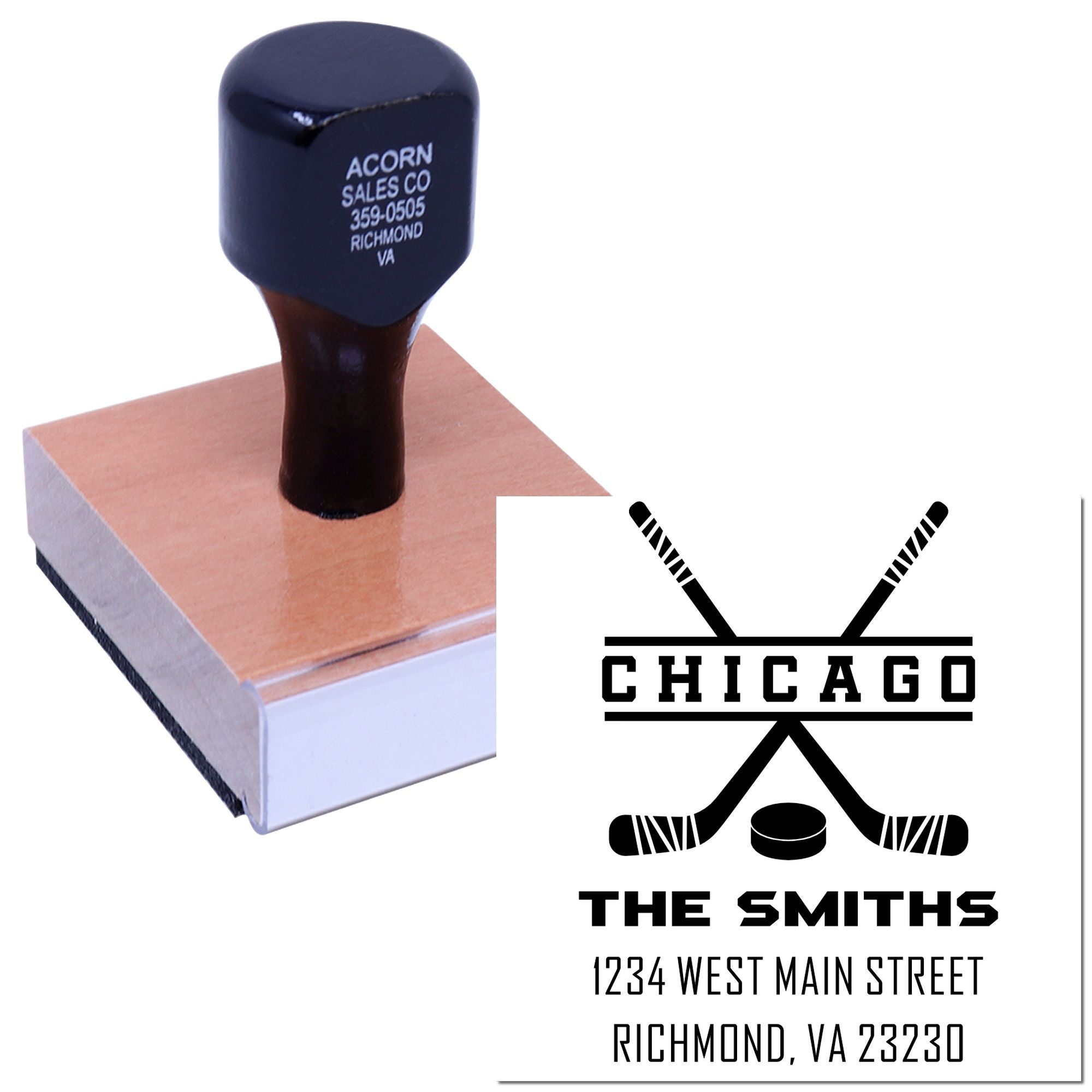 Custom hockey rubber stamp for personalized address labeling, featuring a Chicago hockey design for The Smiths