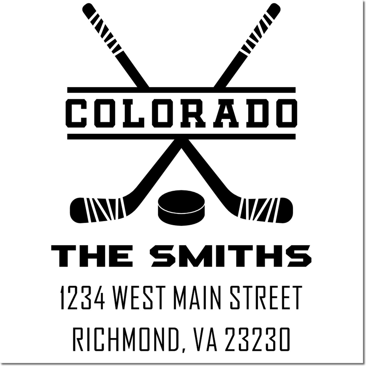 Custom Colorado hockey family return address rubber stamp for The Smiths, with Richmond, VA 23230 mailing details.