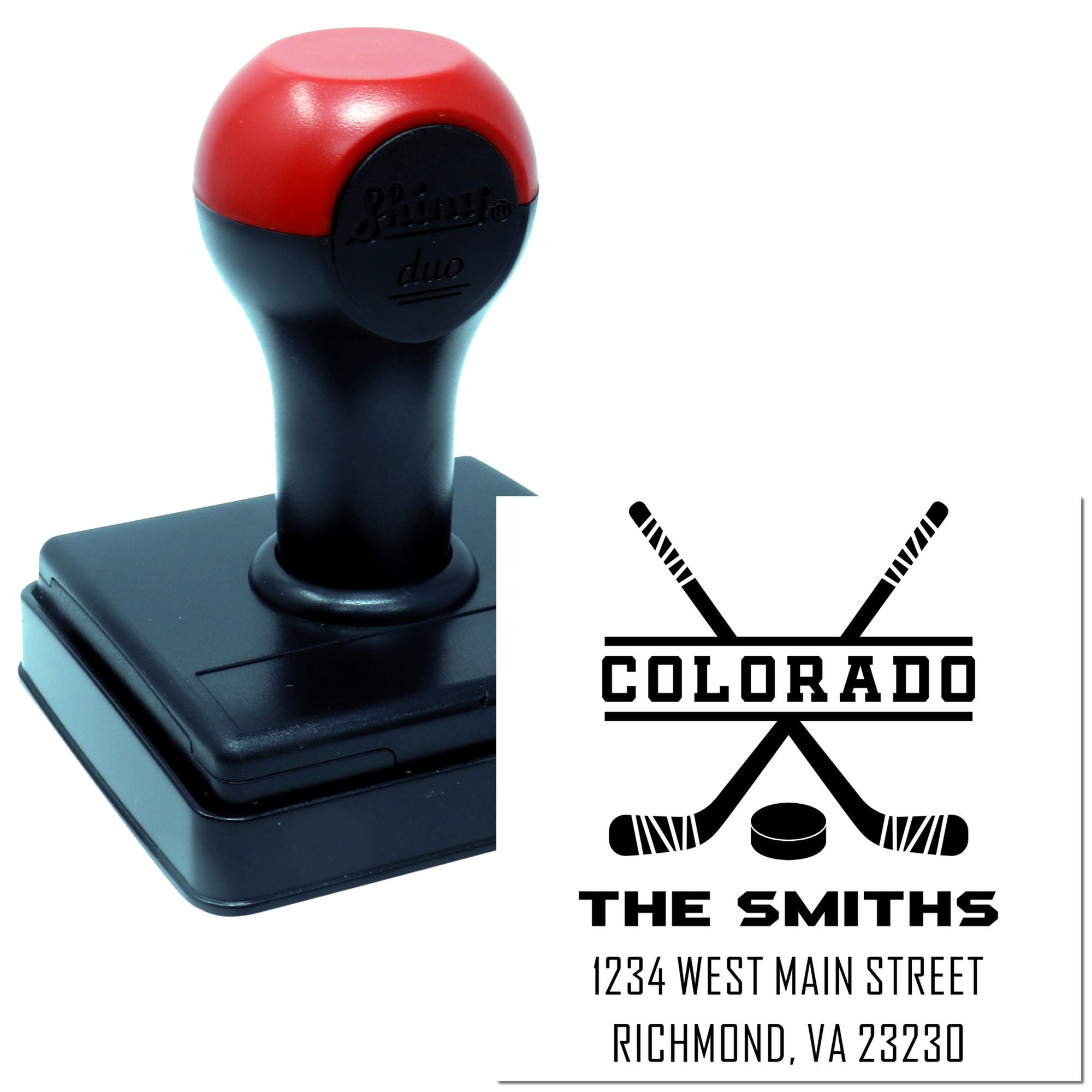 Custom self-inking hockey rubber stamp with Colorado design, family name, and return address for personalized mailings.