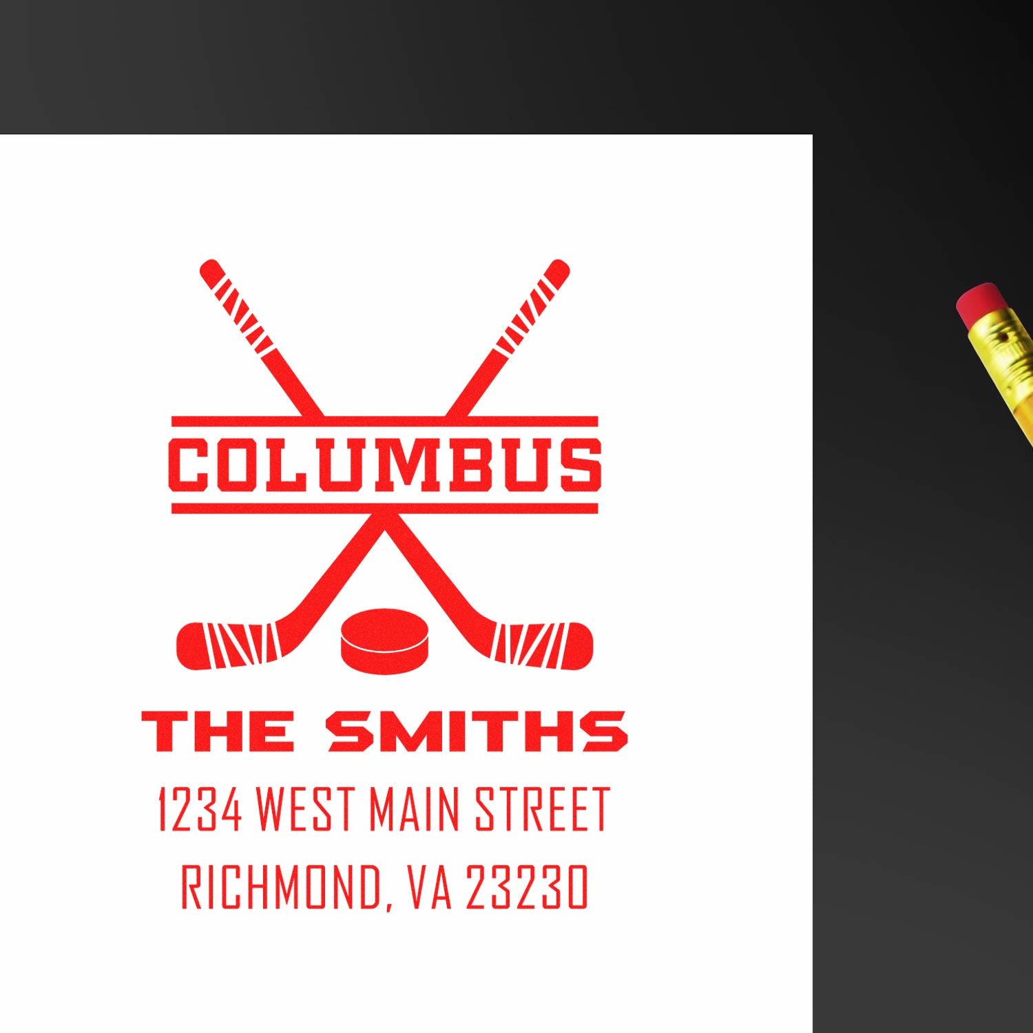 Custom hockey-themed address rubber stamp for The Smiths, Columbus design, Richmond, VA 23230.