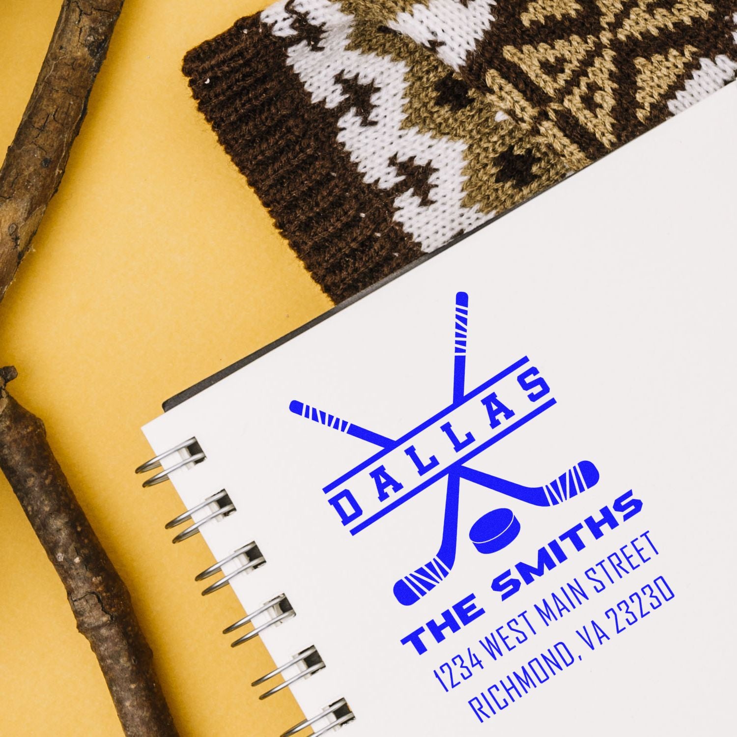 Custom hockey rubber stamp for Dallas The Smiths, with crossed sticks, name, and address for personalized mailing.