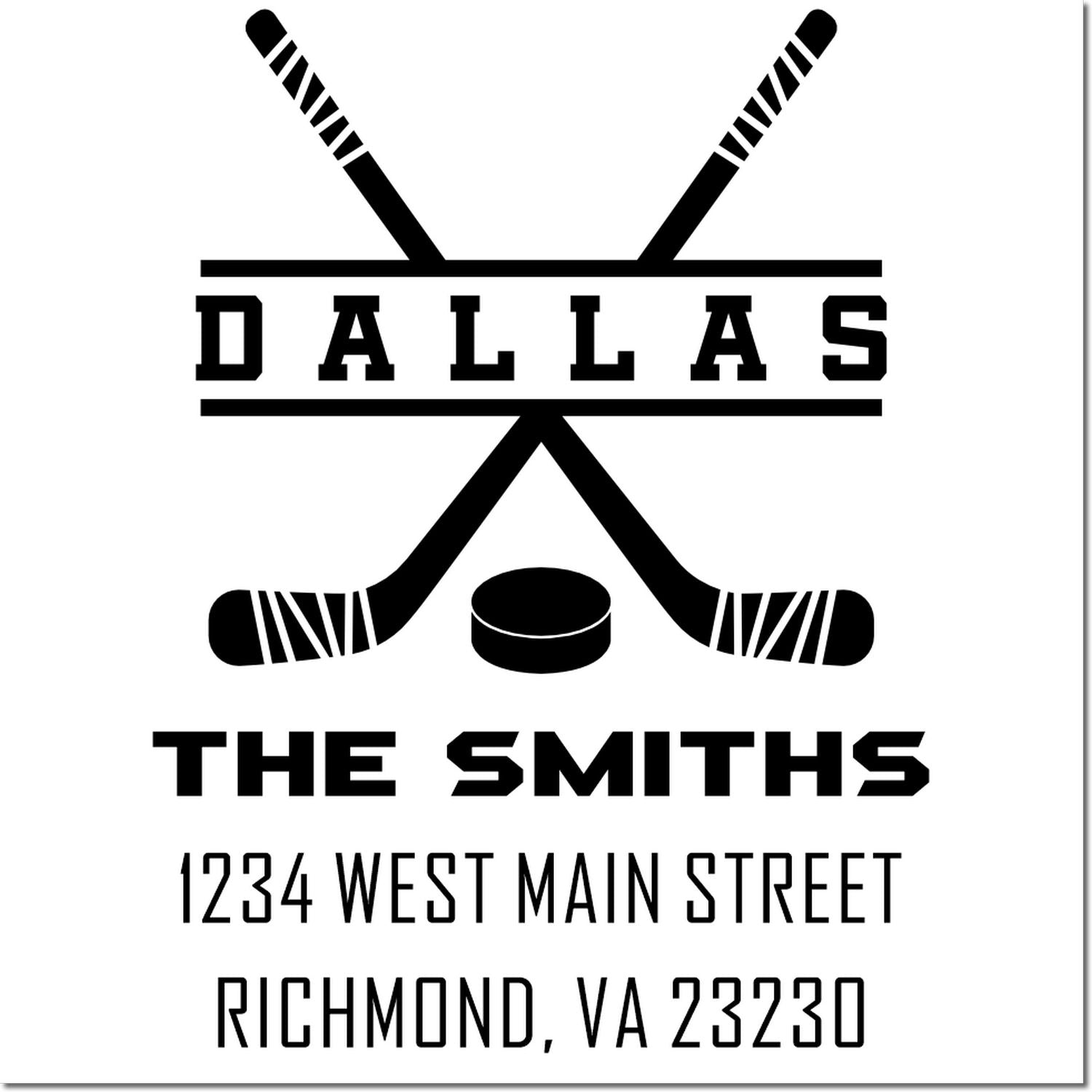 Personalized Dallas Smiths hockey rubber stamp with crossed sticks, puck, and return address: 1234 West Main Street, Richmond, VA 23230.