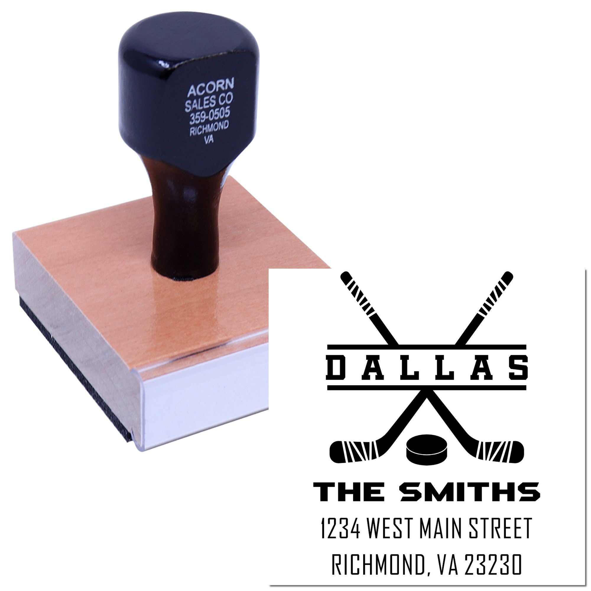 Custom rubber stamp with hockey logo and return address for personalized team or business branding.